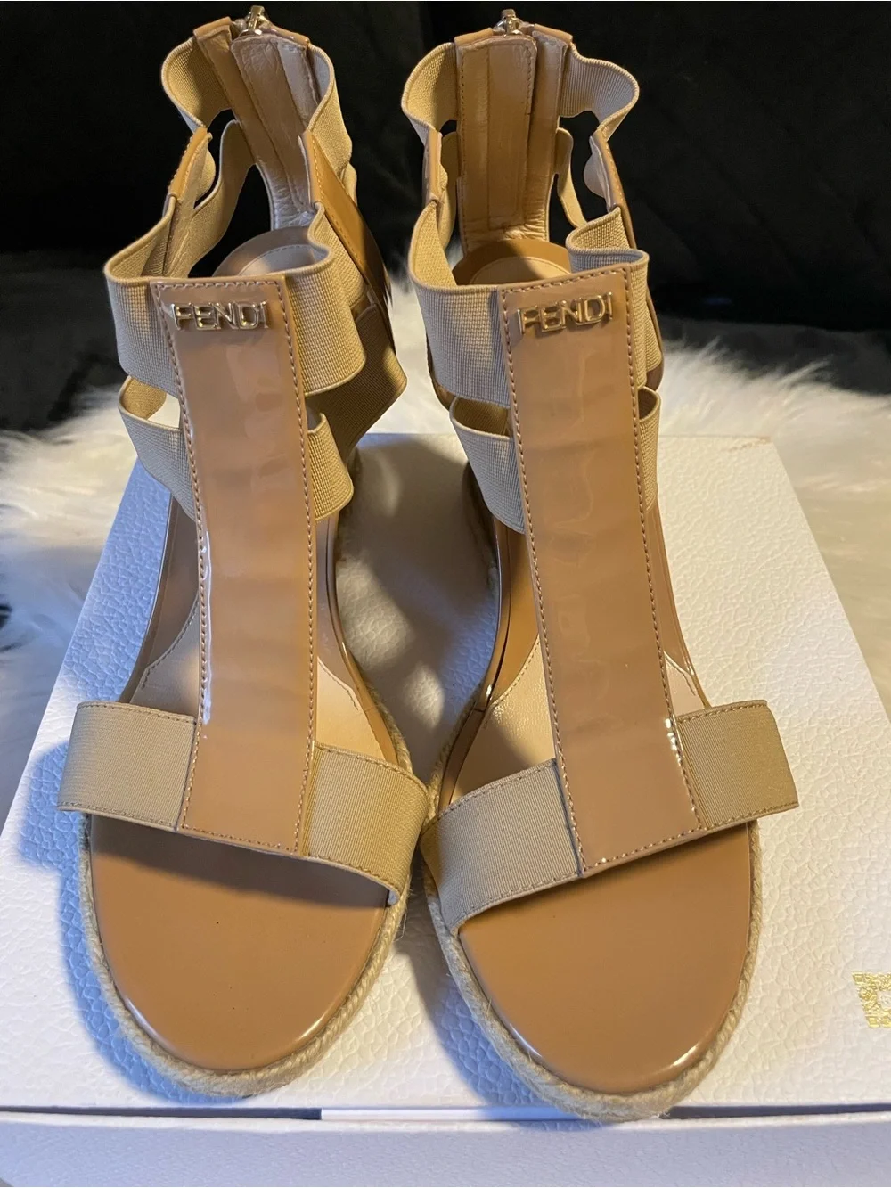 Fendi Beige Patent & Elastic Wedge Sandals Made in Italy 🇮🇹 Size 37.5